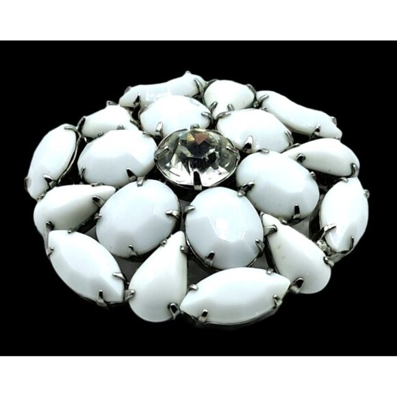 Vintage Rhinestone Brooch Opaque White and Clear Flower Pin Jewelry - Picture 2 of 10